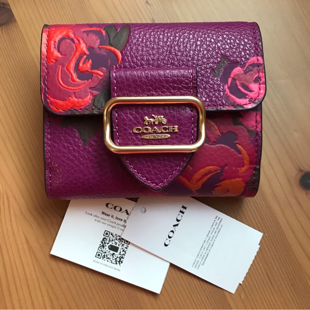 🌺 Coach Small Morgan Wallet With Jumbo Floral Print Dark Magenta *** BRAND NEW